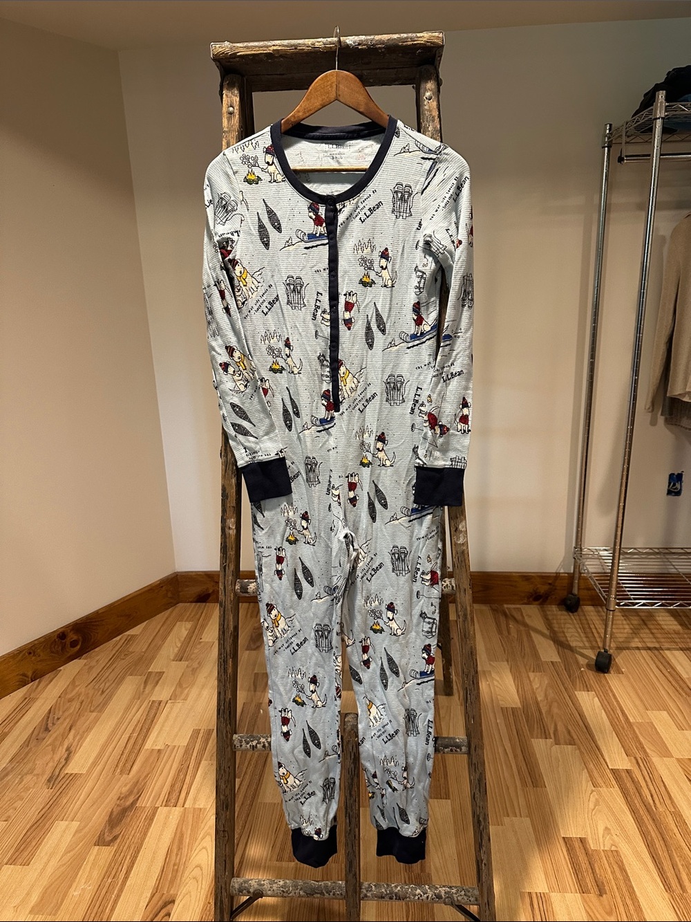 L.L. Bean Light Gray Dog Print Adult one piece pajama with Navy Trim